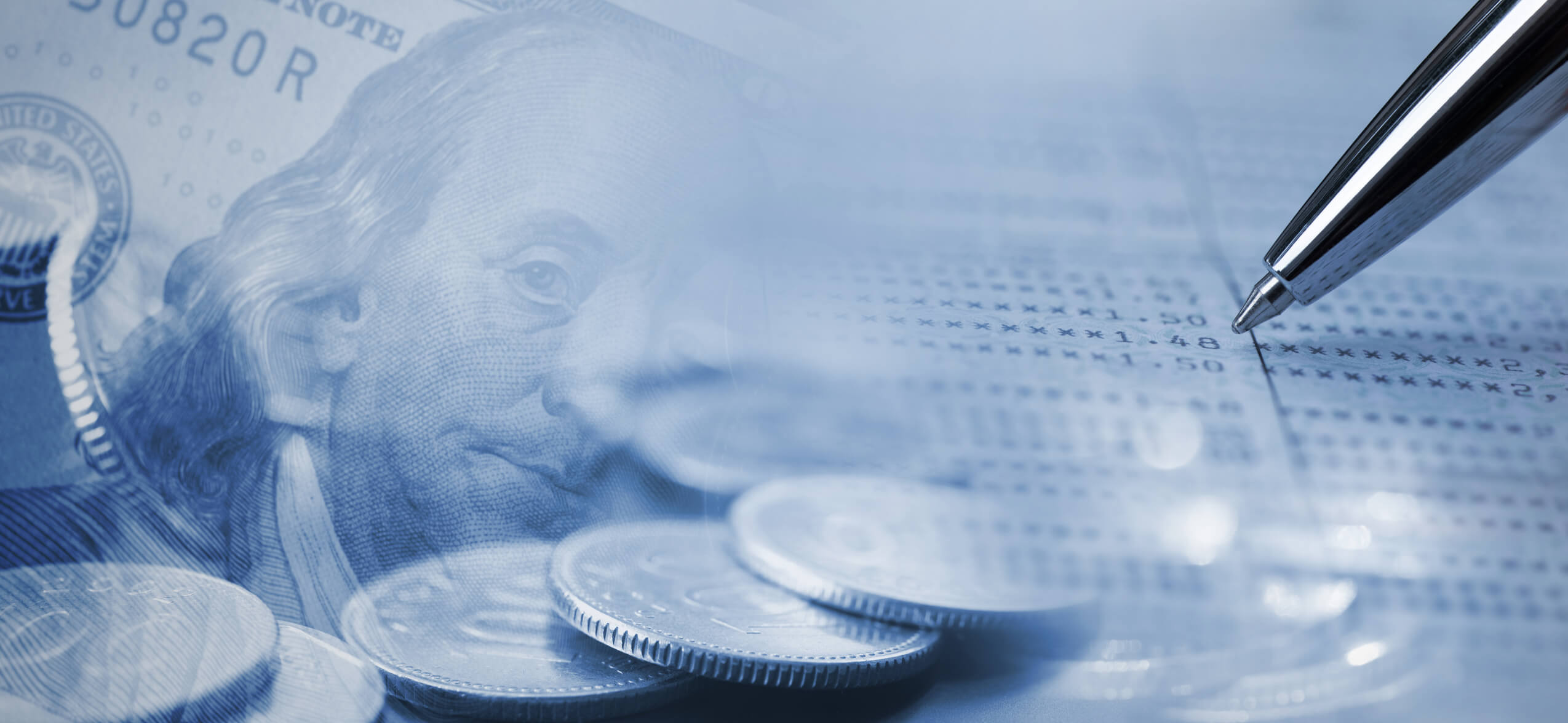 A composite image showing a pen, coins, and a US hundred dollar bill.